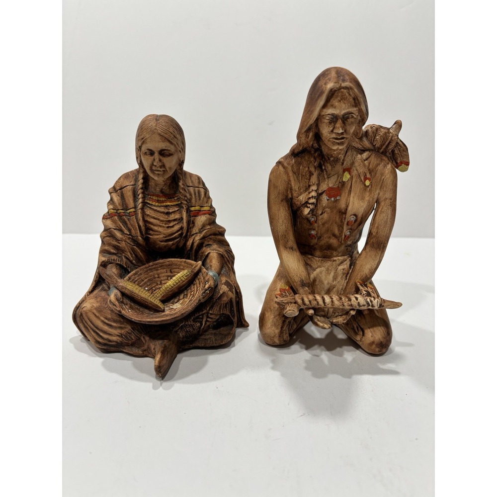 Vintage Native American Style Figurine Set of 2 Southwest Resin Statues 10"